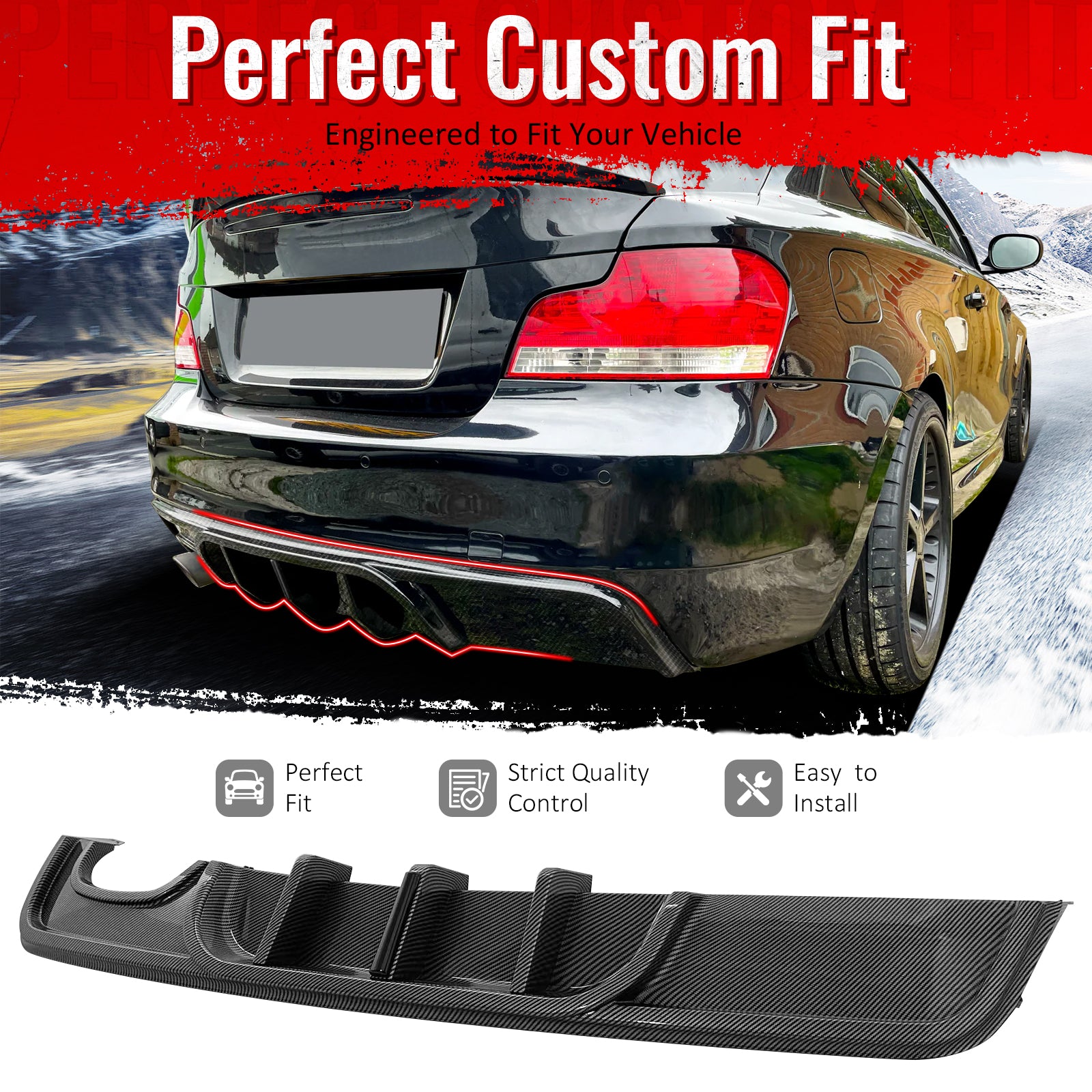 IKON MOTORSPORTS Rear Bumper Lip w/LED Brake Light, Compatible with 2008-2013 BMW 1-Series E82 Coupe E88 Convertible, M Performance Style Carbon Fiber Print ABS Rear Air Dam Chin Valance Splitter 1PC