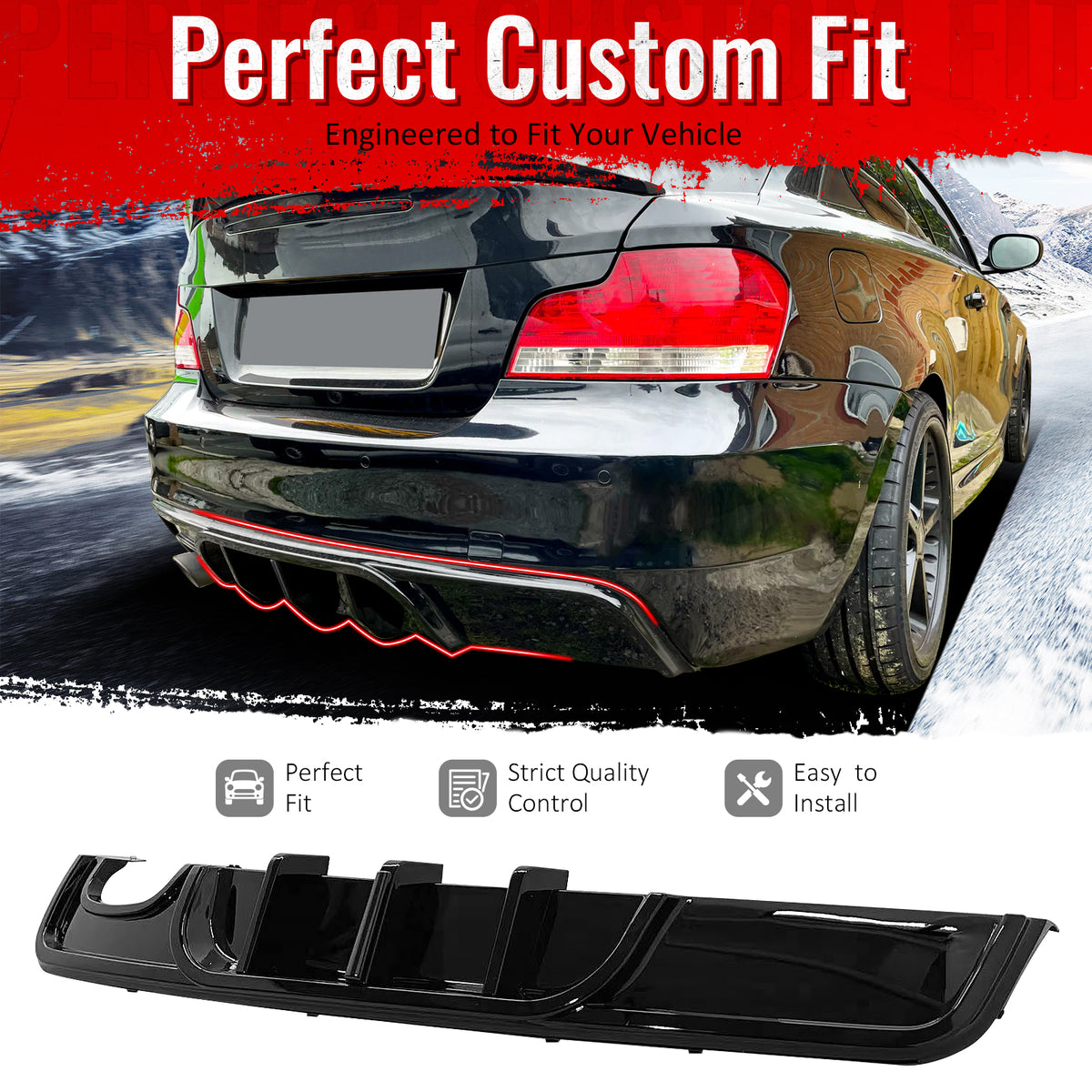 IKON MOTORSPORTS Rear Bumper Lip w/LED Brake Light, Compatible with 2008-2013 BMW 1-Series E82 Coupe E88 Convertible, M Performance Gloss Black ABS Rear Lower Spoiler Air Dam Chin Valance Splitter 1PC