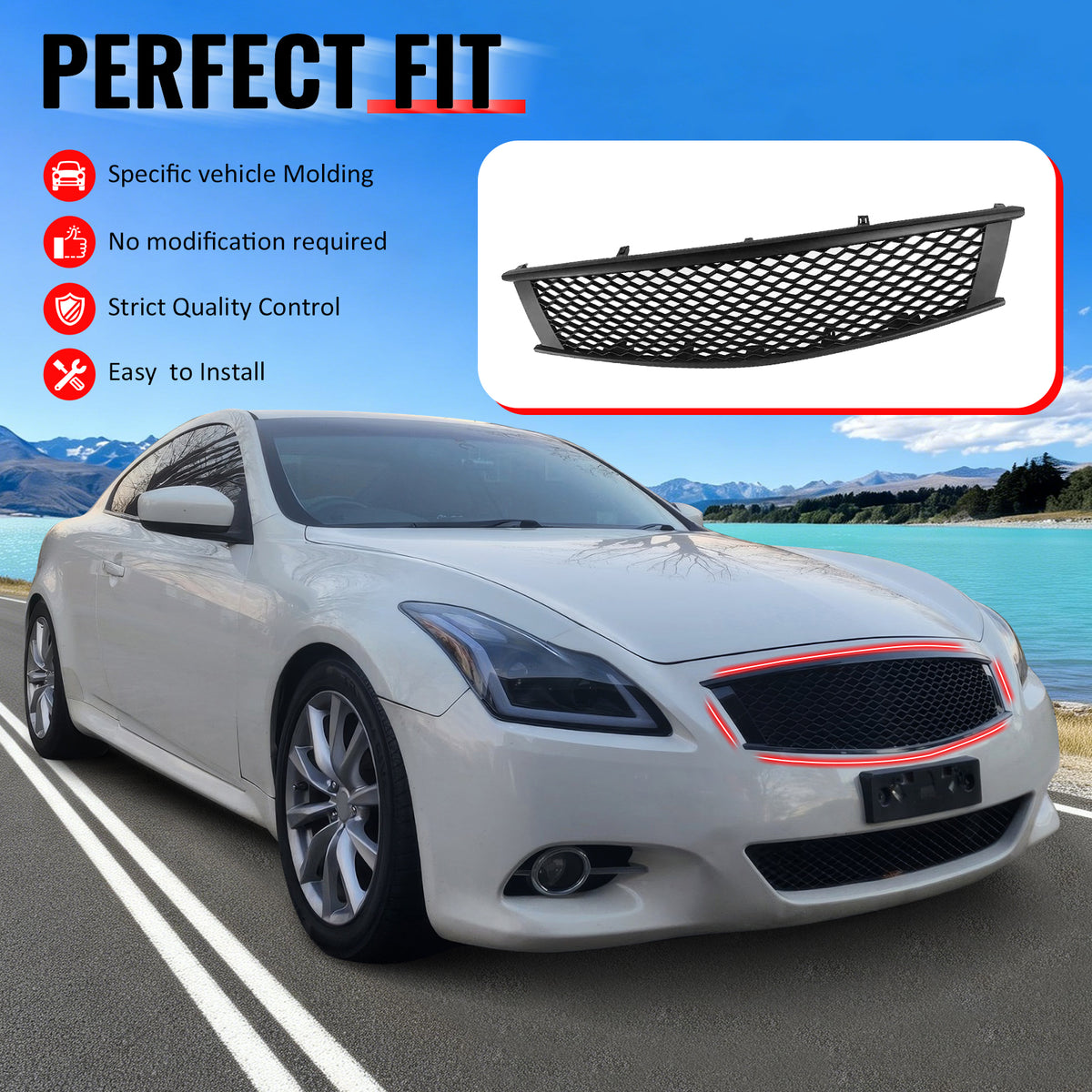 IKON MOTORSPORTS Front Upper Grille, Compatible with 2008-2013 Infiniti G37 Coupe& 2014-2015 Q60, Honeycomb Style Matte Black ABS Replacement Front Bumper Hood Grill