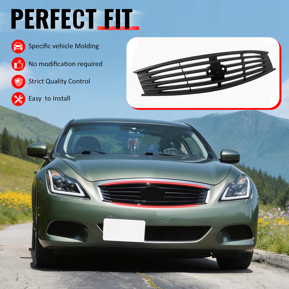 IKON MOTORSPORTS Front Upper Grille, Compatible with 2008-2013 Infiniti G37 Coupe& 2014-2015 Q60, OE Style Matte Black ABS Replacement Front Bumper Hood Grill