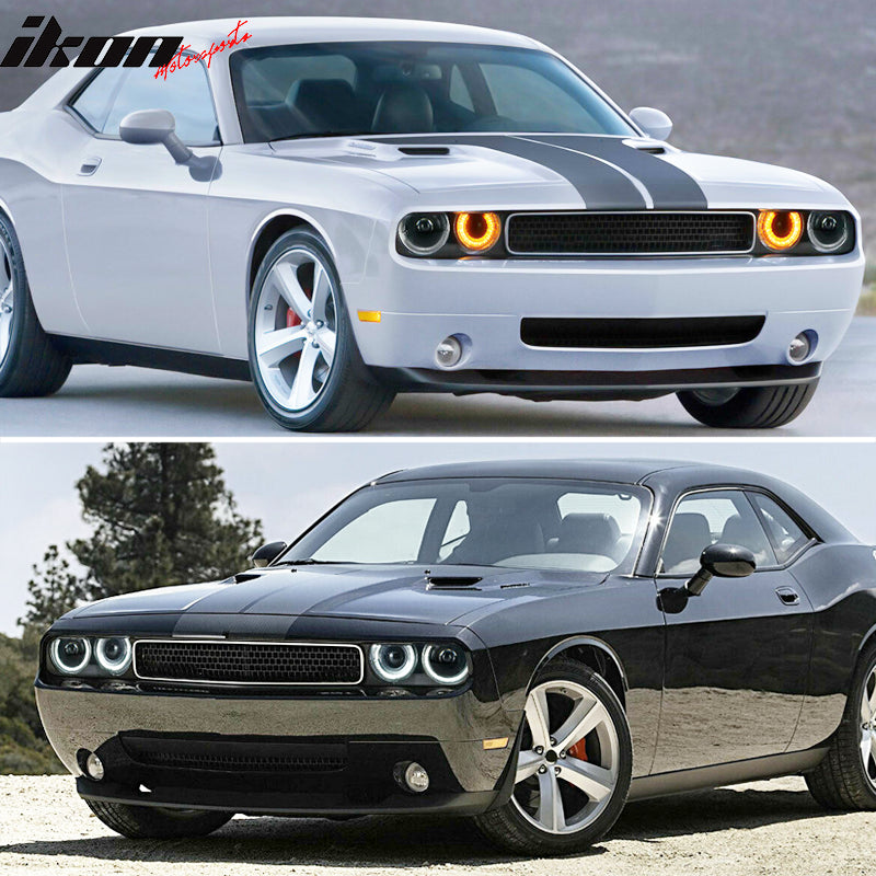 IKON MOTORSPORTS, Headlights Compatible With 2008-2014 Dodge Challenger, Black Housing Left Right DRL Projector Head Lamps with Sequentail Dual Beam, 2009 2010 2011 2012 2013
