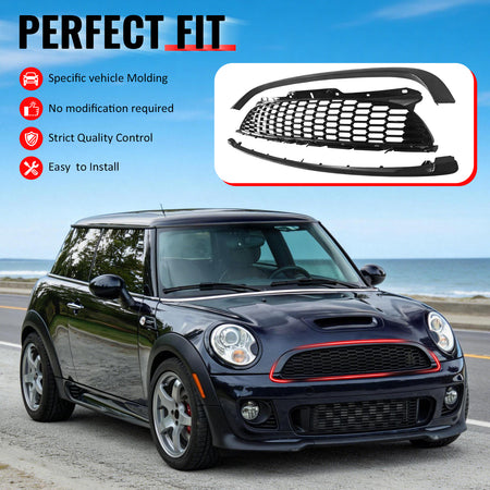 IKON MOTORSPORTS Front Upper Grille w/ Frame, Compatible with 2008-2015 Mini Cooper S & JCW R55 R56 R57 R58 R59, JCW Style Gloss Black ABS Replacement Front Bumper Hood Grill