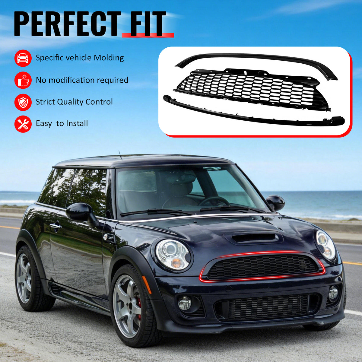 IKON MOTORSPORTS Front Upper Grille w/ Frame, Compatible with 2008-2015 Mini Cooper S & JCW R55 R56 R57 R58 R59, JCW Style Matte Black Grille Gloss Black Frame ABS Replacement Front Bumper Hood Grill