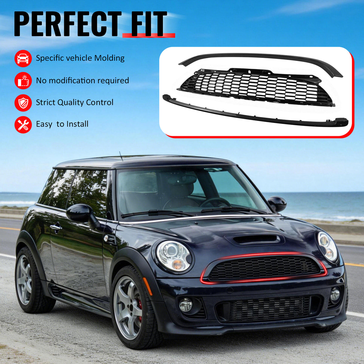 IKON MOTORSPORTS Front Upper Grille w/ Frame, Compatible with 2008-2015 Mini Cooper S & JCW R55 R56 R57 R58 R59, JCW Style Carbon Fiber Print ABS Replacement Front Bumper Hood Grill