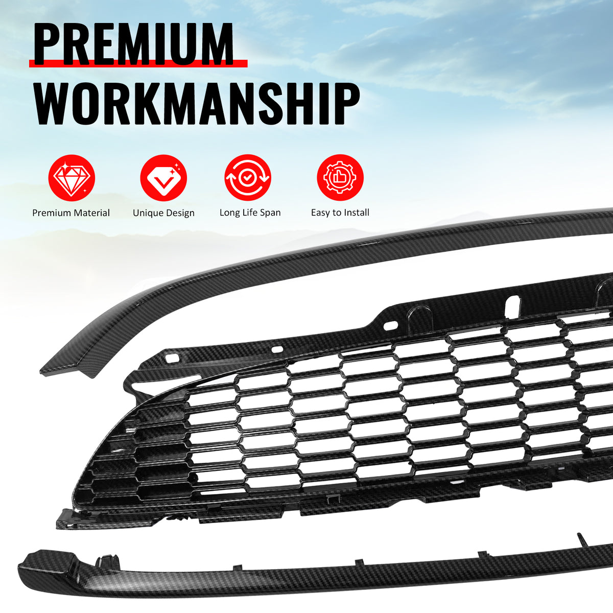 For 08-15 Mini Cooper S JCW R55-R59 Carbon Fiber Print Front Grille w/ Frame ABS
