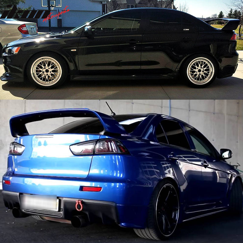 IKON MOTORSPORTS, Trunk Spoiler Compatible with 2008-2017 Mitsubishi Lancer, EVO Style Painted #X42 Tarmac Black ABS Plastic Rear Trunk Lid Spoiler Wing Lip