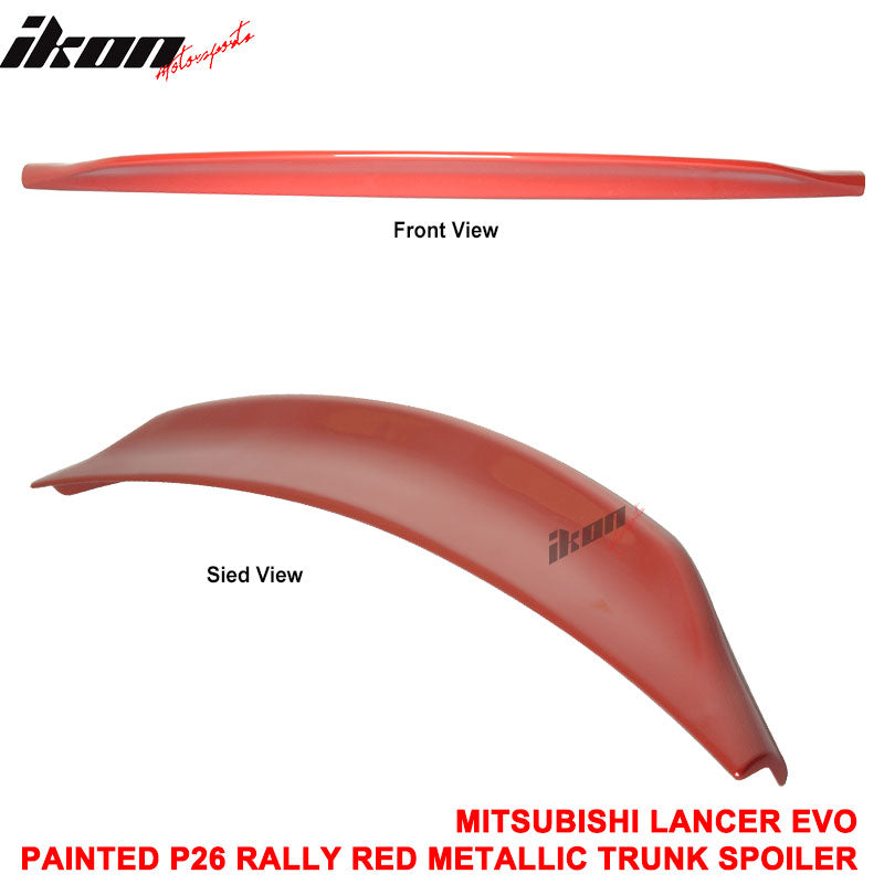 IKON MOTORSPORTS, Trunk Spoiler Compatible with 2008-2017 Mitsubishi Lancer Sedan 4-Door (EVO X), RS Style Painted #P26 Rally Red Metallic ABS Plastic Rear Trunk Lid Spoiler Wing Lip