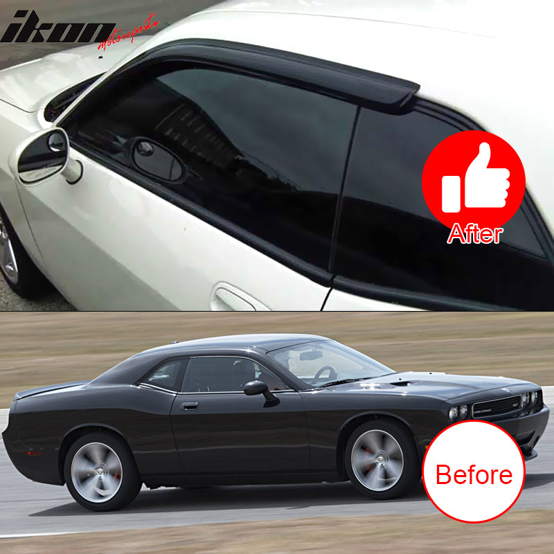 IKON MOTORSPORTS Tape On External Window Visor, Compatible with 2008-2023 Dodge Challenger, Acrylic Black Slim Style Sun Rain Guards Cover