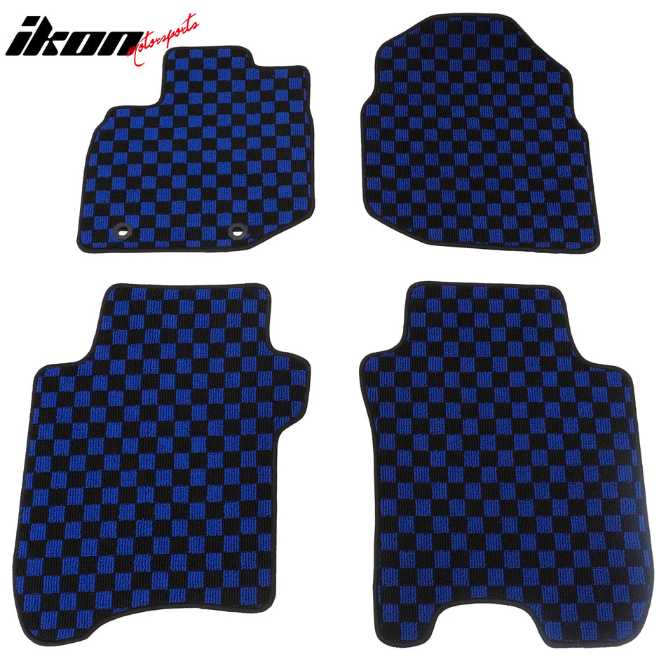Front Rear Full Set Waterproof Floor Mats for Honda Fit 2009-2013 Black Blue Plaid Checkered Carpets PP & Loop Pile Surface & TPE Backing 4PCS