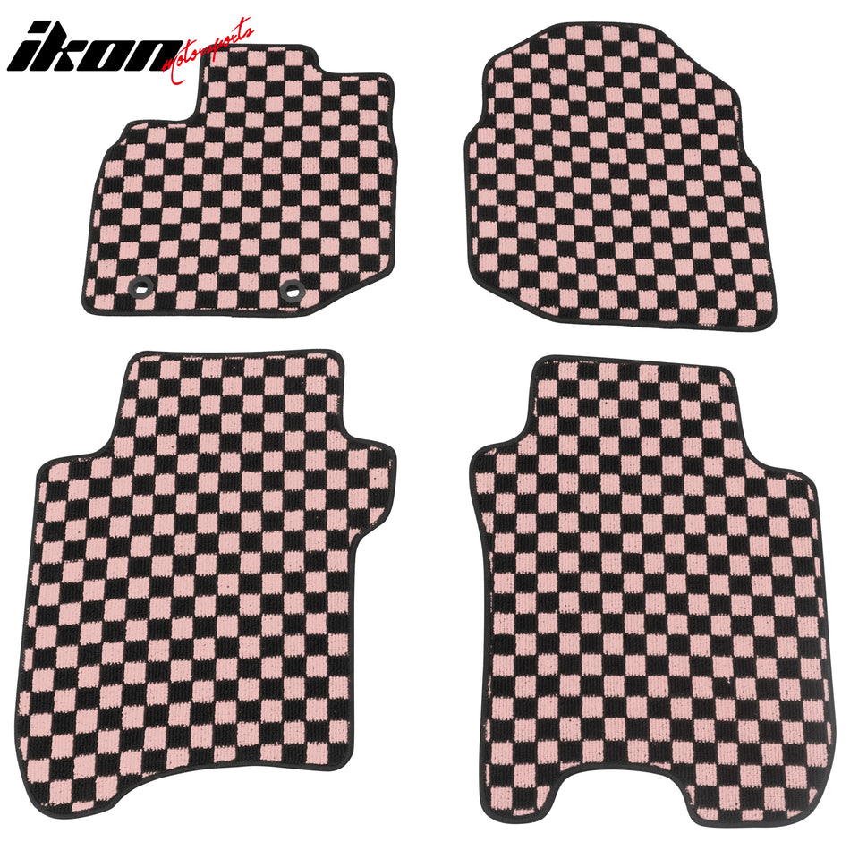 Front Rear Full Set Waterproof Floor Mats for Honda Fit 2009-2013 Black Pink Plaid Checkered Carpets PP & Loop Pile Surface & TPE Backing 4PCS