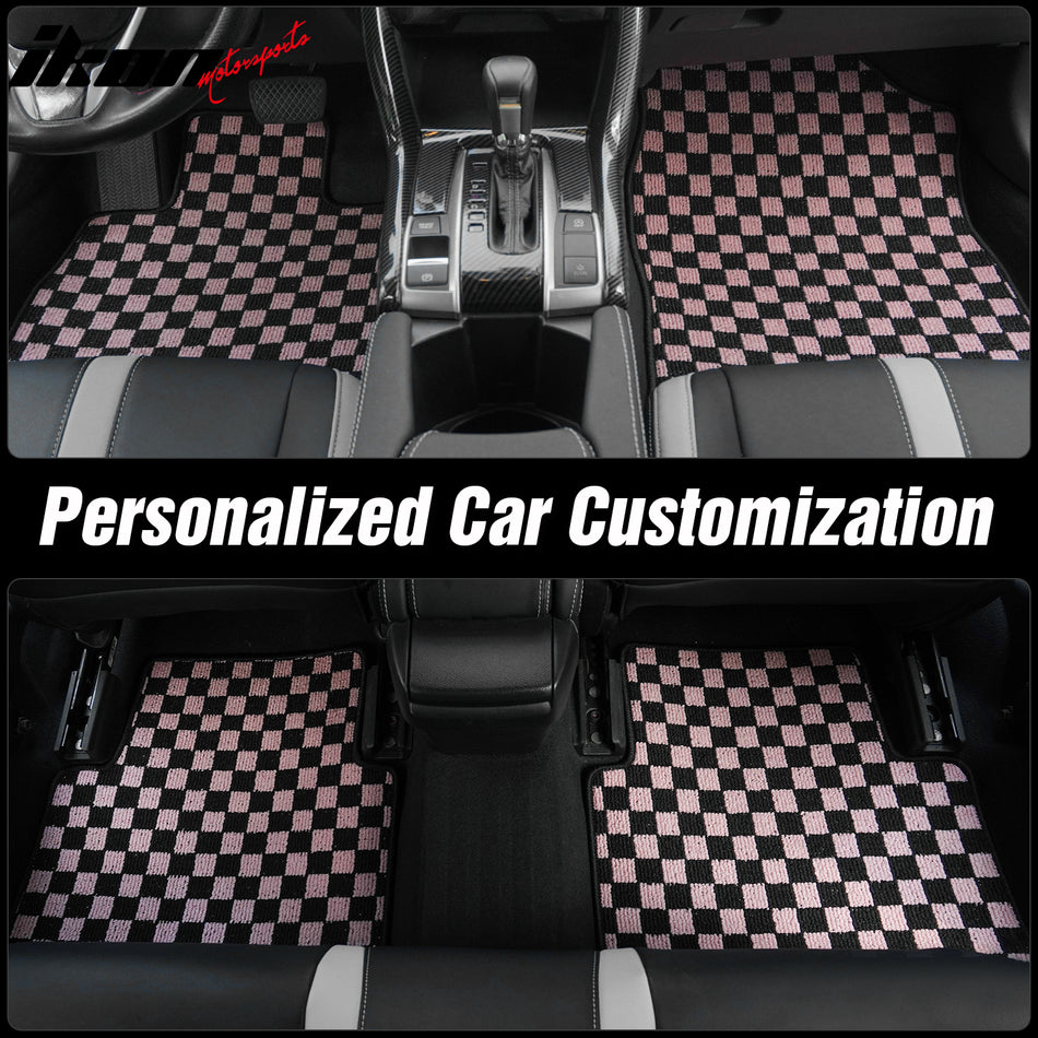 Fits 09-13 Honda Fit Car Anti-slip Floor Mats Checkered Carpets Black Pink Plaid