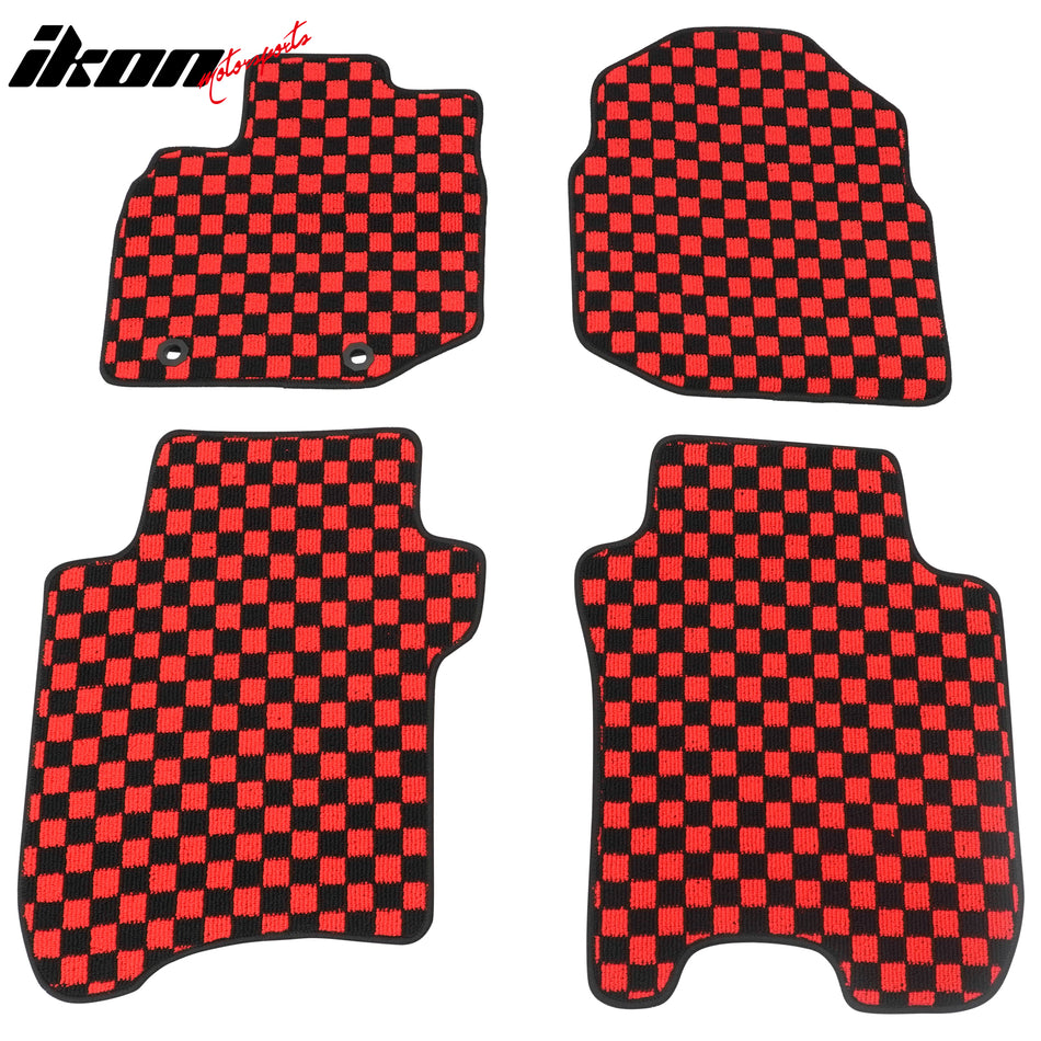 Front Rear Full Set Waterproof Floor Mats for Honda Fit 2009-2013 Black Red Plaid Checkered Carpets PP & Loop Pile Surface & TPE Backing 4PCS