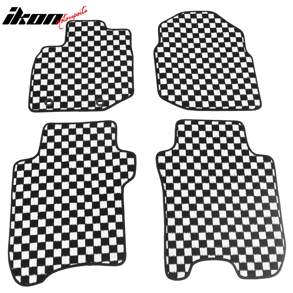 Front Rear Full Set Waterproof Floor Mats for Honda Fit 2009-2013 Black White Plaid Checkered Carpets PP & Loop Pile Surface & TPE Backing 4PCS