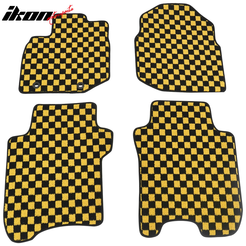 Front Rear Full Set Waterproof Floor Mats for Honda Fit 2009-2013 Black Yellow Plaid Checkered Carpets PP & Loop Pile Surface & TPE Backing 4PCS