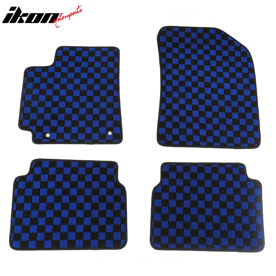 Front Rear Full Set Waterproof Floor Mats for Toyota Corolla 2009-2013 Black Blue Plaid Checkered Carpets PP & Loop Pile Surface & TPE Backing 4PCS
