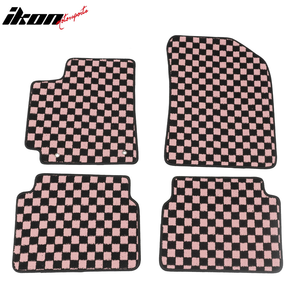 Front Rear Full Set Waterproof Floor Mats for Toyota Corolla 2009-2013 Black Pink Plaid Checkered Carpets PP & Loop Pile Surface & TPE Backing 4PCS