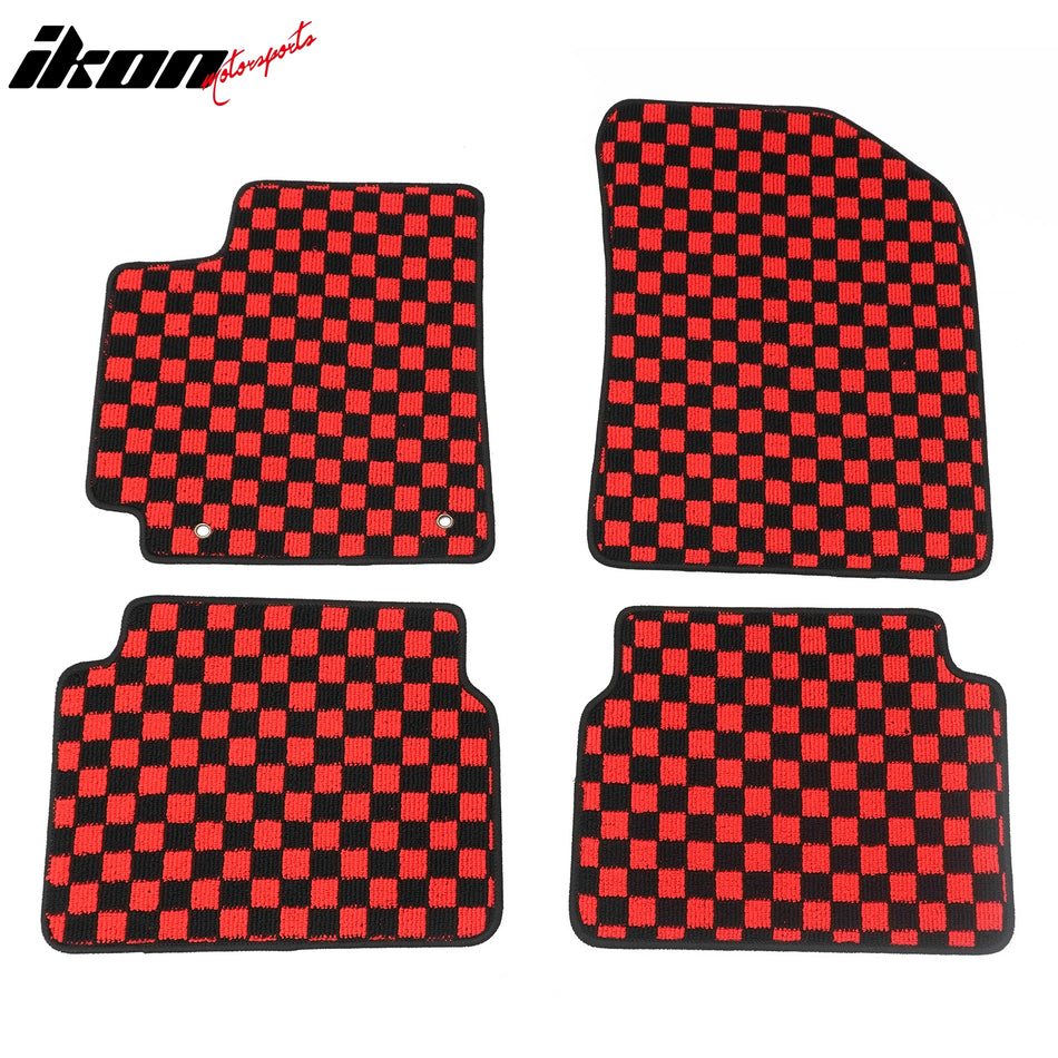 Front Rear Full Set Waterproof Floor Mats for Toyota Corolla 2009-2013 Black Red Plaid Checkered Carpets PP & Loop Pile Surface & TPE Backing 4PCS