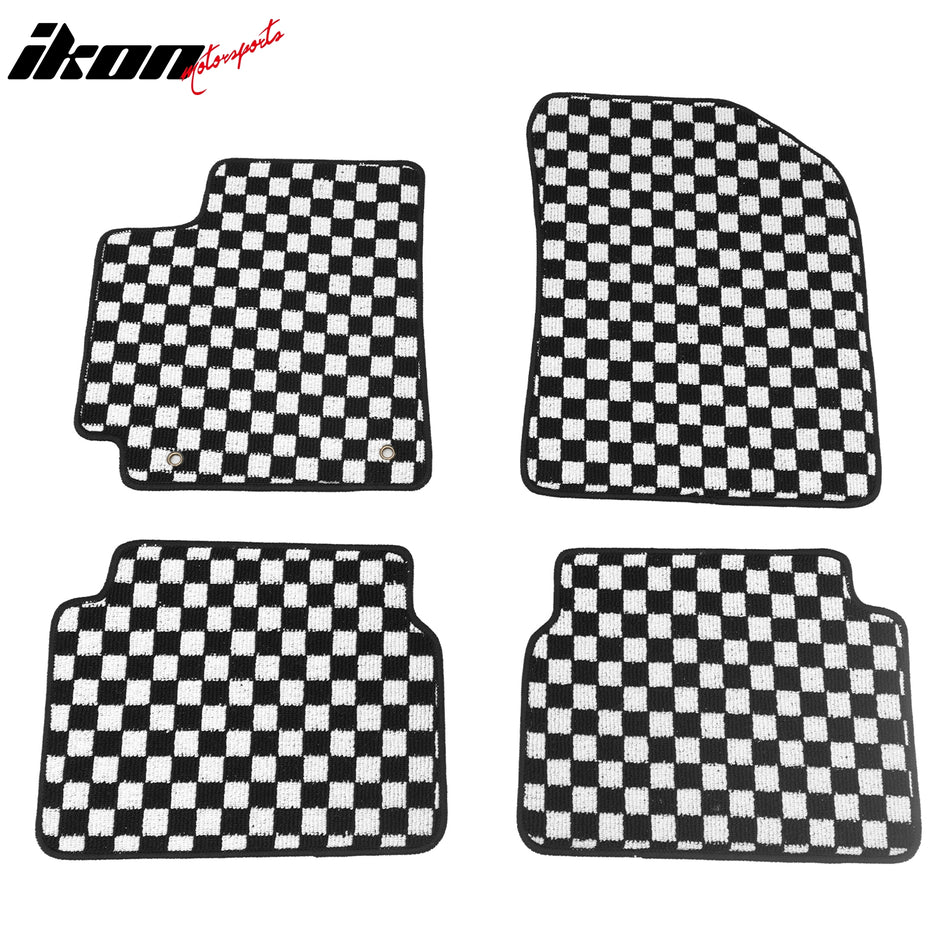 Front Rear Full Set Waterproof Floor Mats for Toyota Corolla 2009-2013 Black White Plaid Checkered Carpets PP & Loop Pile Surface & TPE Backing 4PCS