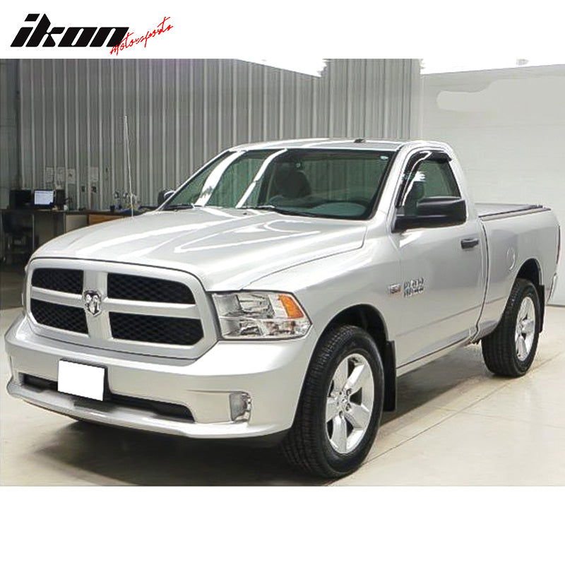 IKON MOTORSPORTS Tape On External Window Visor, Compatible With 2009-2025 Dodge Ram Standard Cab, Slim Style Dark Smoke Tint Acrylic Shade Rain Sun Guard Wind Vent Air Deflector