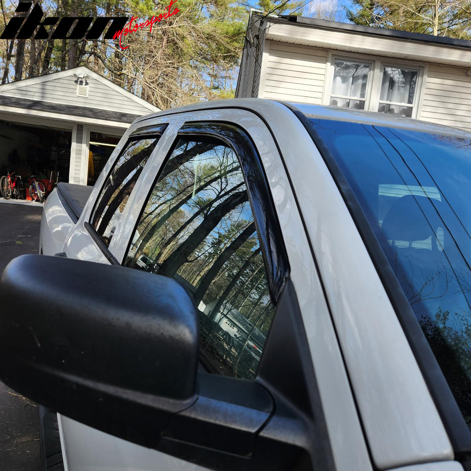 IKON MOTORSPORTS In Channel Window Visors Compatible with 2009-2018 Dodge Ram 1500 Quad Cab, 2019-2024 Ram 1500 Classic Quad Cab, Acrylic Smoke Rain Guards, Side Window Wind Deflectors 4PCS