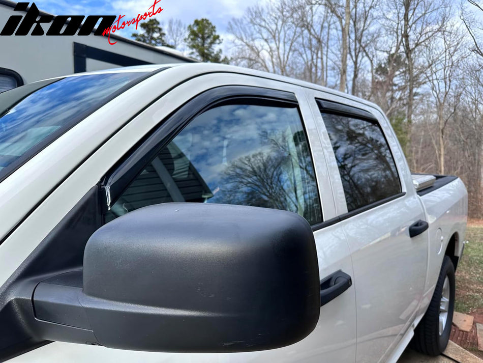 IKON MOTORSPORTS In Channel Window Visors Compatible with 09-18 Dodge Ram 1500 19-24 Ram 1500 Classic 10-25 Ram 2500 3500 Crew Cab, Acrylic Smoke/Tinted Rain Guards, Side Window Wind Deflectors 4PCS