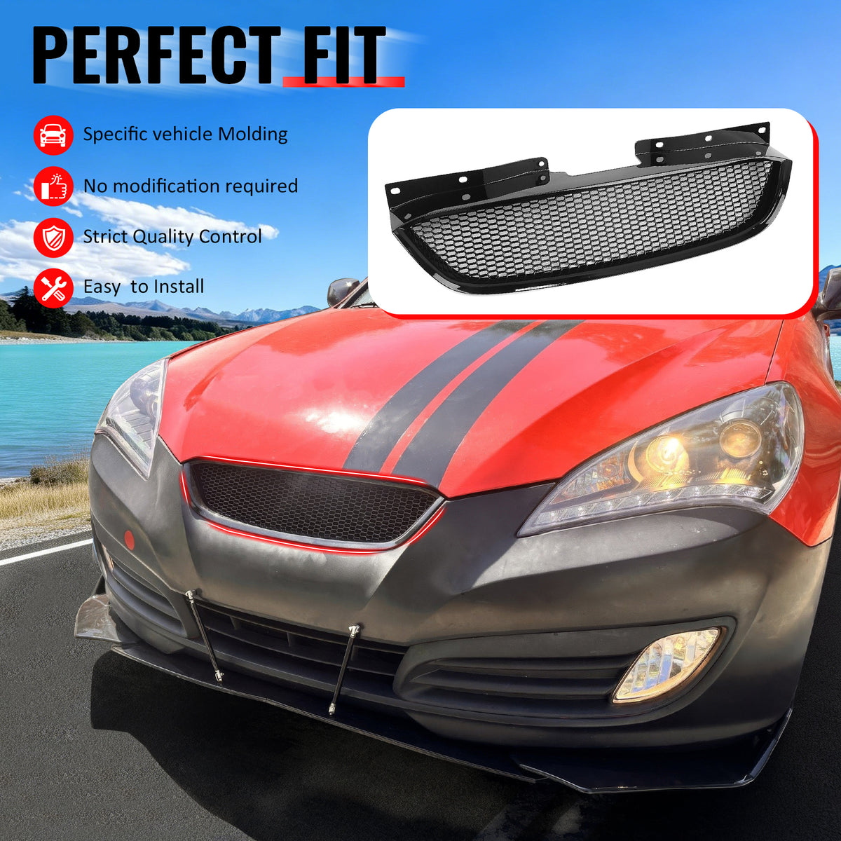 IKON MOTORSPORTS Front Upper Grille, Compatible with 2010-2012 Hyundai Genesis Coupe 2-Door, Honeycomb Style Gloss Black ABS Replacement Front Bumper Hood Grill