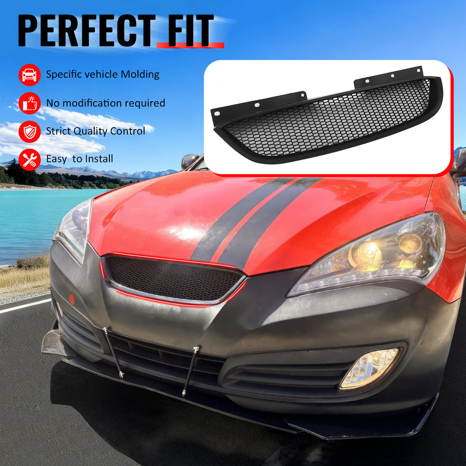 IKON MOTORSPORTS Front Upper Grille, Compatible with 2010-2012 Hyundai Genesis Coupe 2-Door, Honeycomb Style Matte Black ABS Replacement Front Bumper Hood Grill