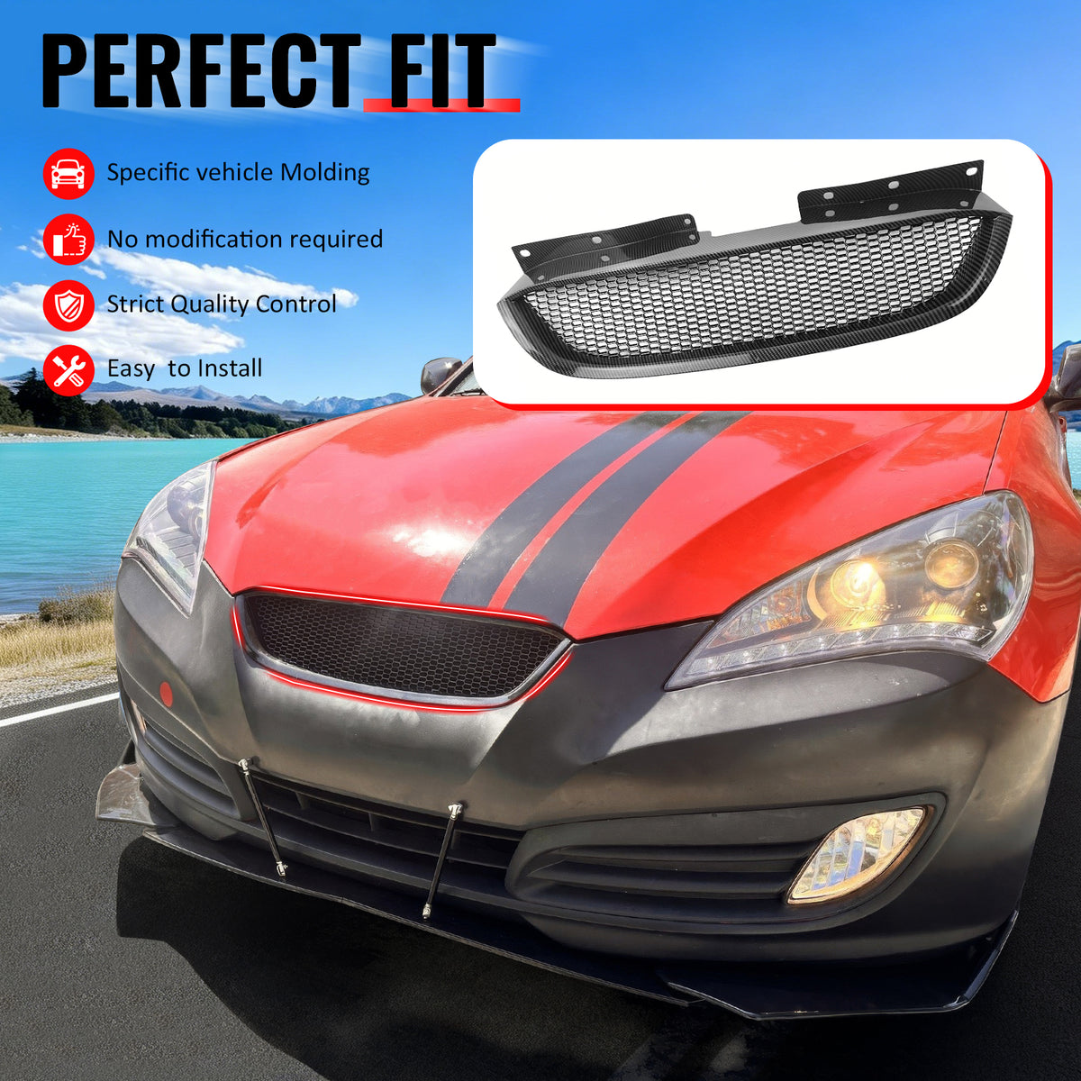 IKON MOTORSPORTS Front Upper Grille, Compatible with 2010-2012 Hyundai Genesis Coupe 2-Door, Honeycomb Style Carbon Fiber Print ABS Replacement Front Bumper Hood Grill