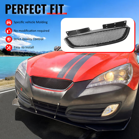 IKON MOTORSPORTS Front Upper Grille, Compatible with 2010-2012 Hyundai Genesis Coupe 2-Door, Honeycomb Style Carbon Fiber Print ABS Replacement Front Bumper Hood Grill