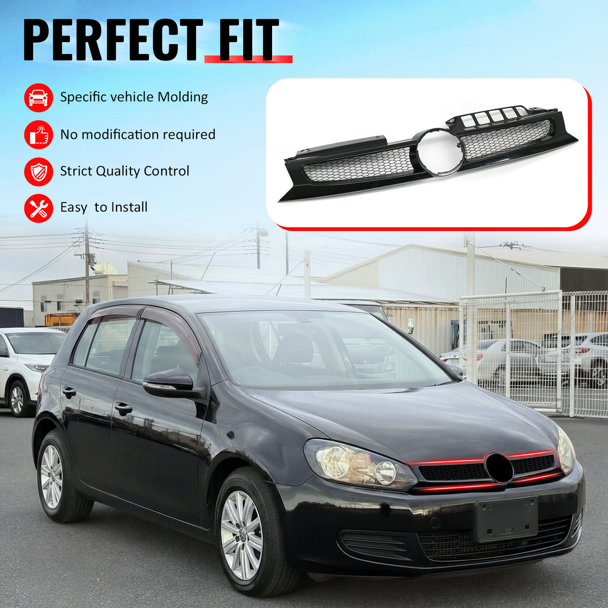 Fit 2010-2014 Volkswagen Golf Hatchback MK6 A6 Black Front Upper Grille
