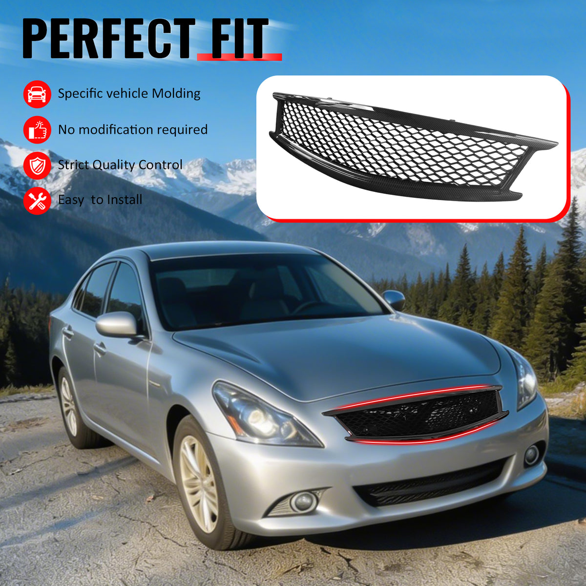 IKON MOTORSPORTS Front Upper Grille, Compatible with 2010-2013 Infiniti G37 Sedan& 2011-2012 G25 Sedan& 2015 Q40 Sedan, Honeycomb Style Carbon Fiber Print ABS Replacement Front Bumper Hood Grill