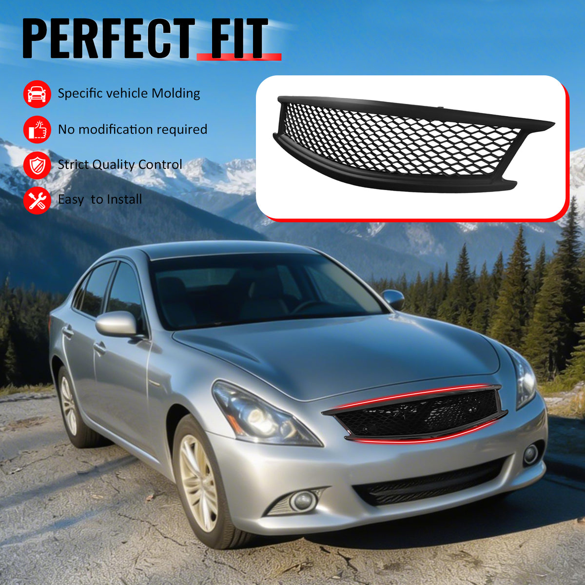 IKON MOTORSPORTS Front Upper Grille, Compatible with 2010-2013 Infiniti G37 Sedan& 2011-2012 G25 Sedan& 2015 Q40 Sedan, Honeycomb Style Matte Black ABS Replacement Front Bumper Hood Grill