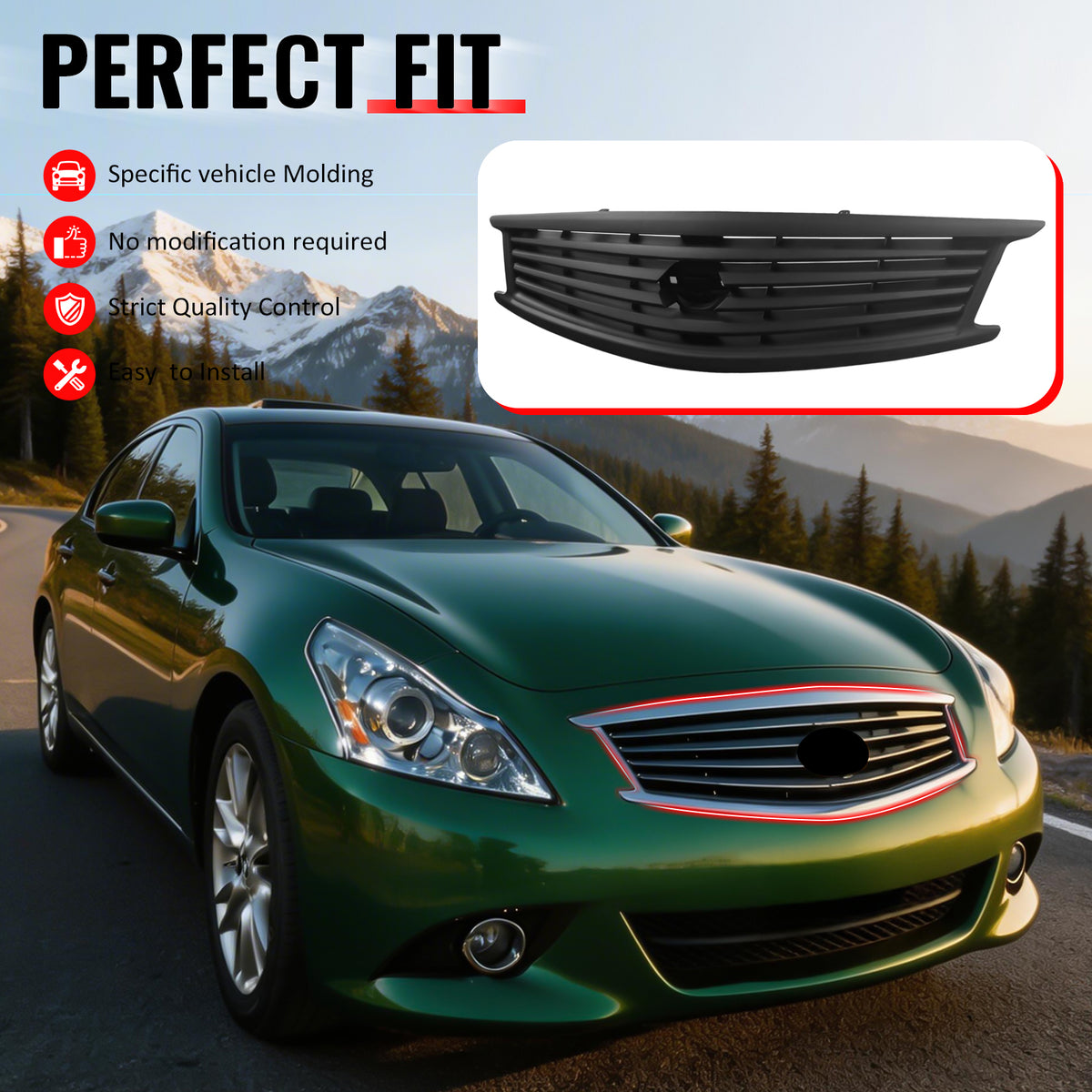 IKON MOTORSPORTS Front Upper Grille, Compatible with 2010-2013 Infiniti G37 Sedan& 2011-2012 G25 Sedan& 2015 Q40 Sedan, OE Style Matte Black ABS Replacement Front Bumper Hood Grill