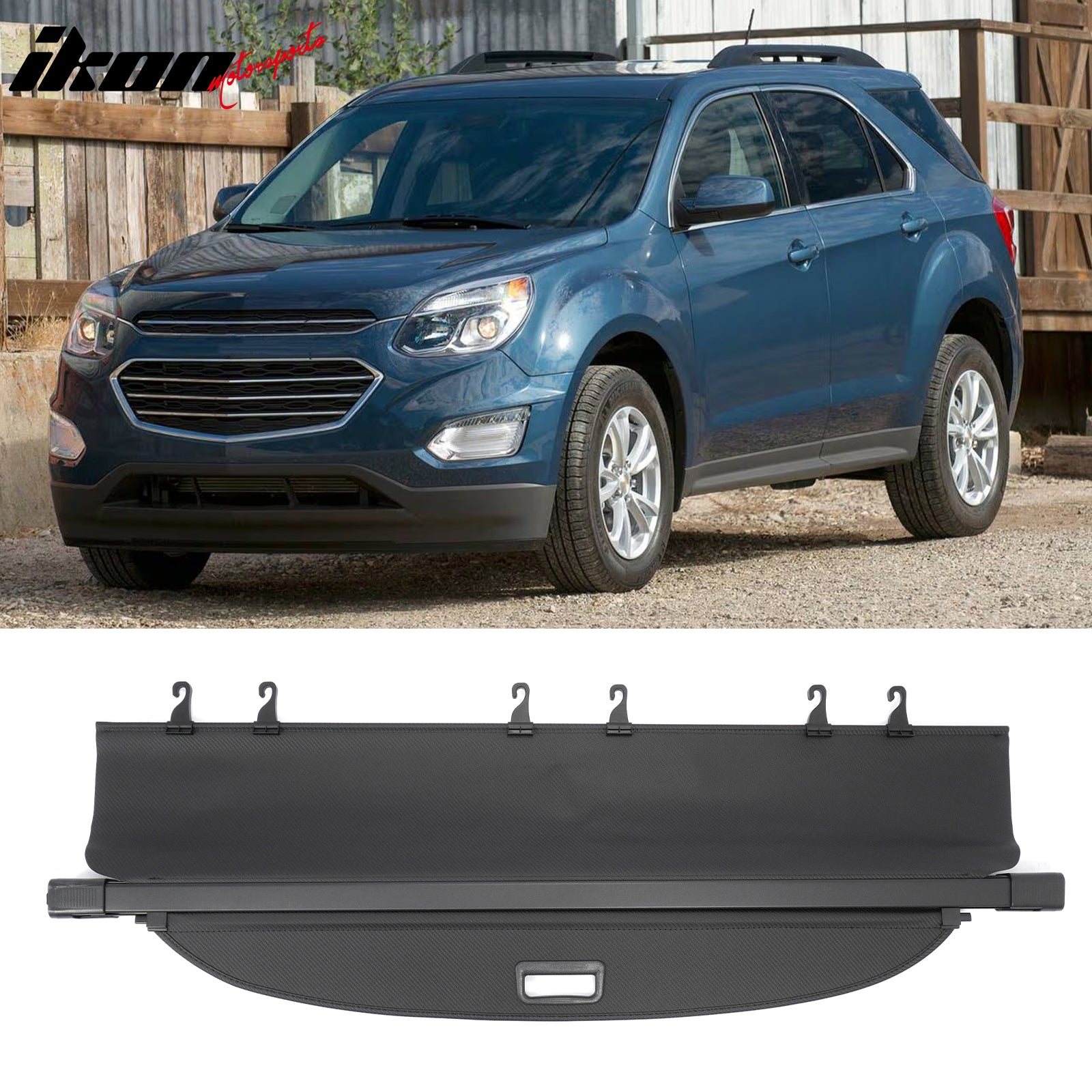 IKON MOTORSPORTS, Rear Retractable Cargo Cover + 3D TPE Trunk Mat, Compatible with 2010-2017 Chevy Equinox & GMC Terrain, ABS Aluminum Vinyl Trunk Security Luggage Shield Shade, Carbon Fiber Texture