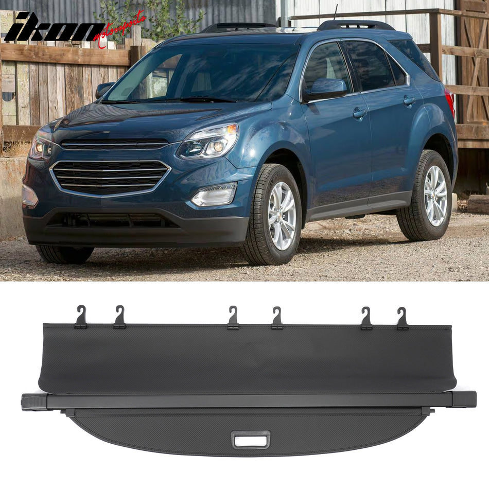 IKON MOTORSPORTS, Rear Retractable Cargo Cover + 3D TPE Trunk Mat, Compatible with 2010-2017 Chevy Equinox & GMC Terrain, ABS Aluminum Vinyl Trunk Security Luggage Shield Shade, Carbon Fiber Texture