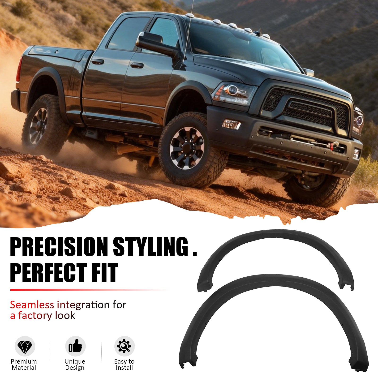 Fender Flares Compatible With 2010-2018 Dodge Ram 2500 3500, Factory Style Matte Black Finish PP Injection Front Wheel Cover Protector Vent Trim by IKON MOTORSPORTS, 2011 2012 2013 2014 2015 2016