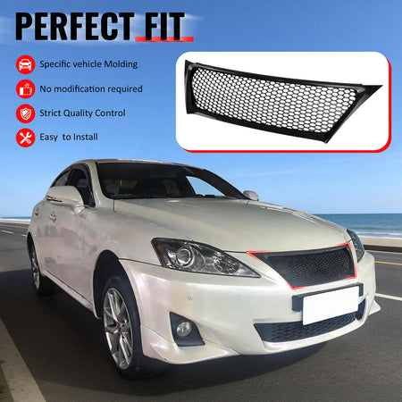 IKON MOTORSPORTS Front Upper Grille, Compatible with 2011-2013 Lexus IS250 IS350 Sedan, Honeycomb Style Carbon Fiber Print ABS Replacement Front Bumper Hood Grill