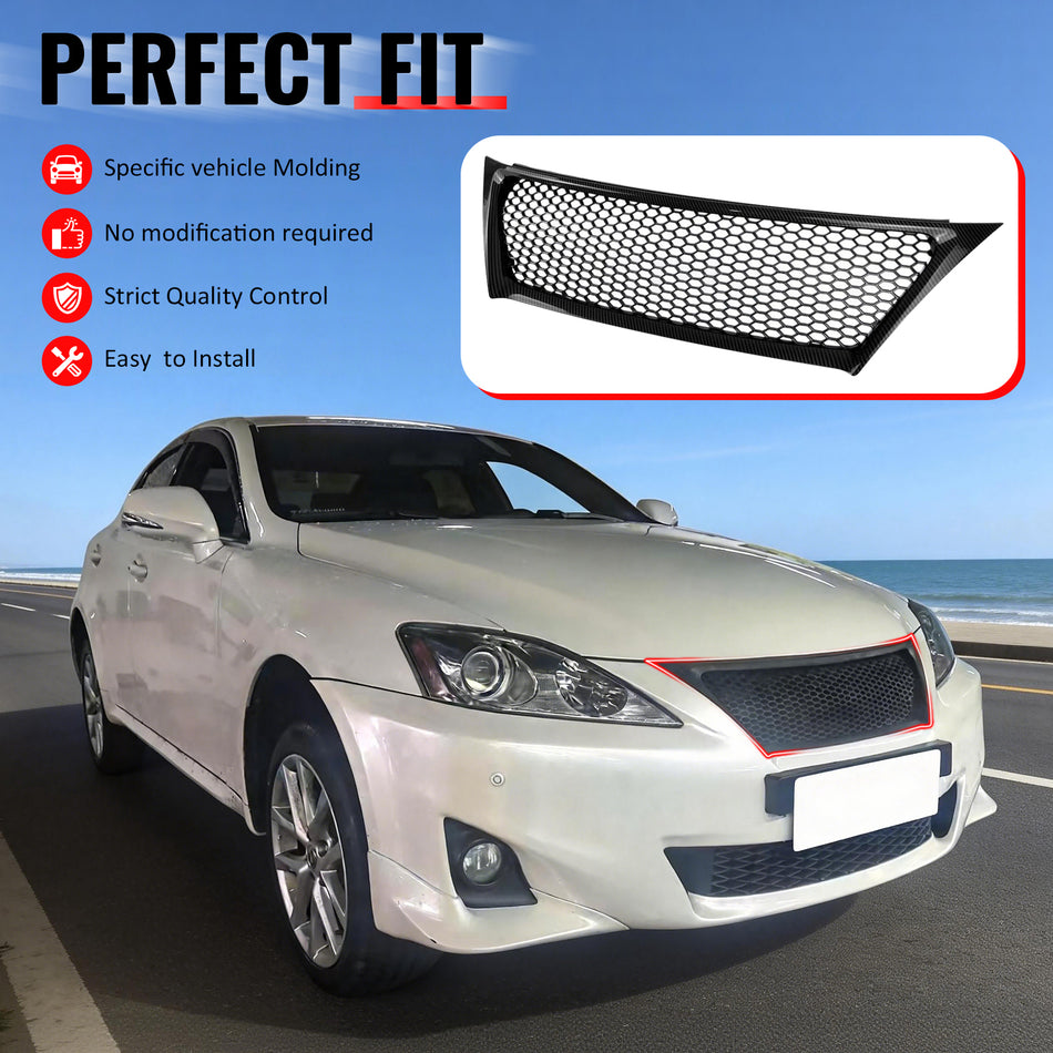 IKON MOTORSPORTS Front Upper Grille, Compatible with 2011-2013 Lexus IS250 IS350 Sedan, Honeycomb Style Carbon Fiber Print ABS Replacement Front Bumper Hood Grill