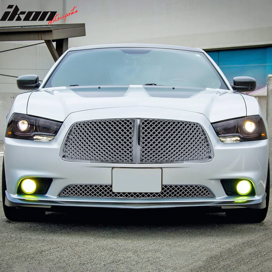 IKON MOTORSPORTS Front Lower Grille, Compatible with 2011-2013 Dodge Charger, Bentley Mesh Style Chrome ABS Plastic Replacement Front Bumper Grill