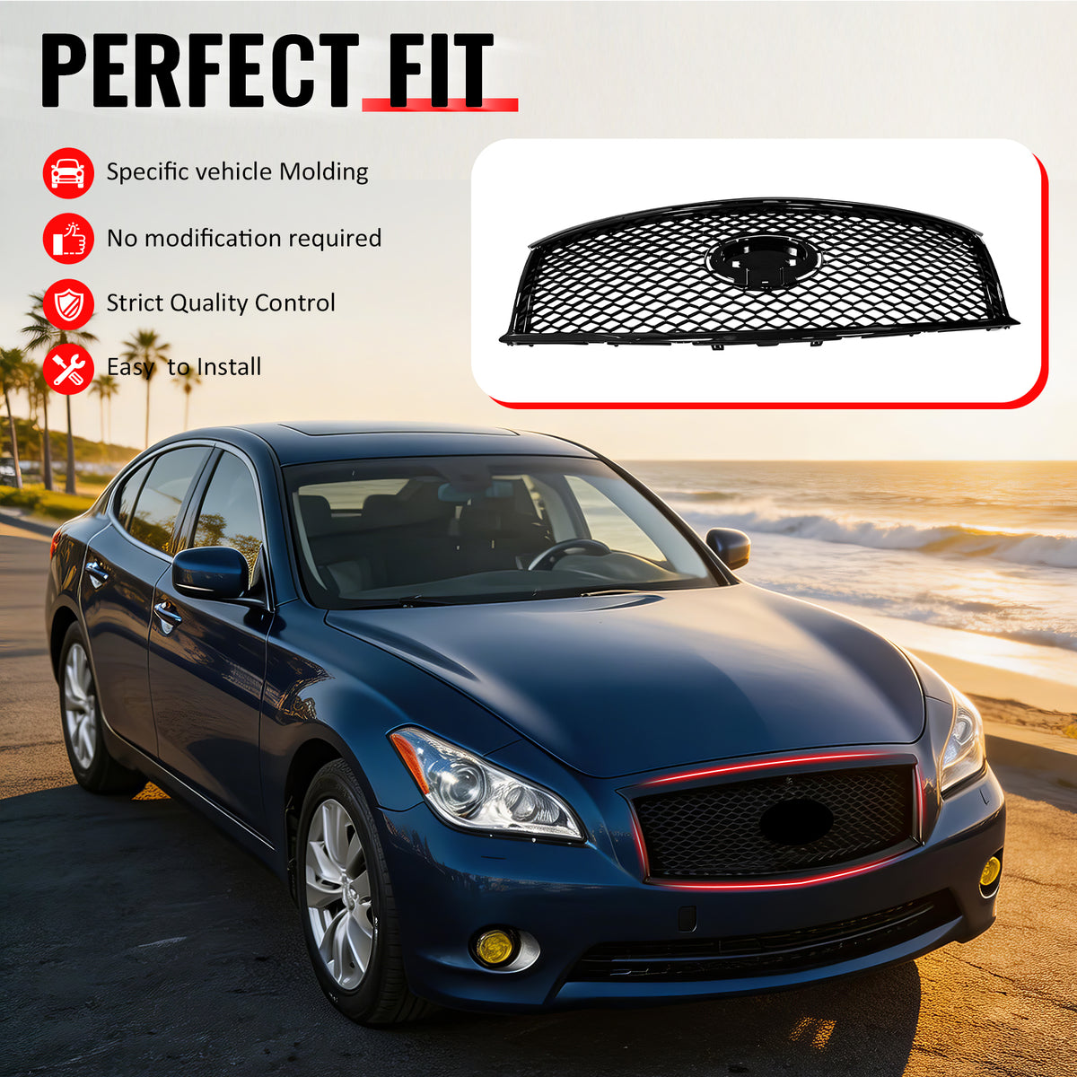 IKON MOTORSPORTS Front Upper Grille, Compatible with 2011-2013 Infiniti M56 M35h M37& 2014-2015 Q70, Honeycomb Style Gloss Black ABS Replacement Front Bumper Hood Grill