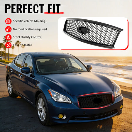 IKON MOTORSPORTS Front Upper Grille, Compatible with 2011-2013 Infiniti M56 M35h M37& 2014-2015 Q70, Honeycomb Style Matte Black ABS Replacement Front Bumper Hood Grill