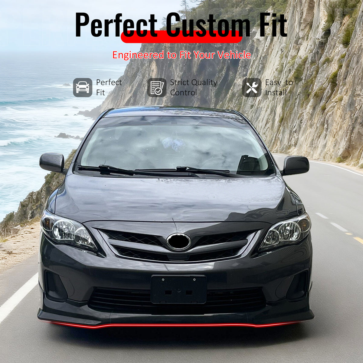 IKON MOTORSPORTS Front Bumper Lip, Compatible with 2011-2013 Toyota Corolla All Models, T Style Matte Black PP Add-on Air Dam Chin Spoiler Protector Splitter 3PCS