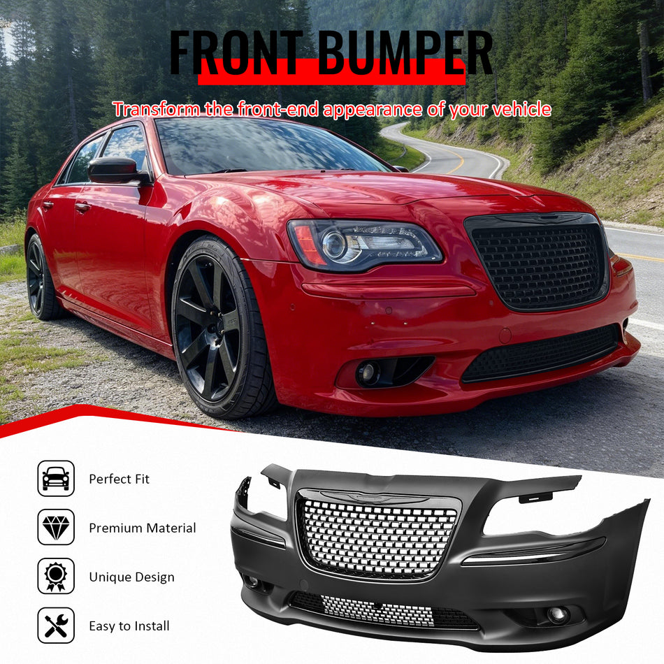 IKON MOTORSPORTS Front Bumper Cover, Compatible with 2011-2014 Chrysler 300, SRT8 Style Unpainted Black PP Replacement Bumper Conversion Bodykit with Gloss Black Upper Lower Grilles, Fog Lights