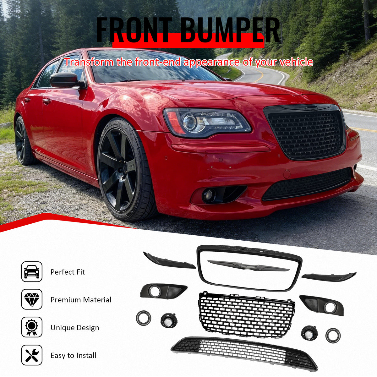 IKON MOTORSPORTS Front Bumper Grille w/ Fog Lights, Compatible with 2011-2014 Chrysler 300 SRT8, SRT8 Style Gloss Black ABS Replacement Bumper Upper Lower Grill Assembly Foglights Covers