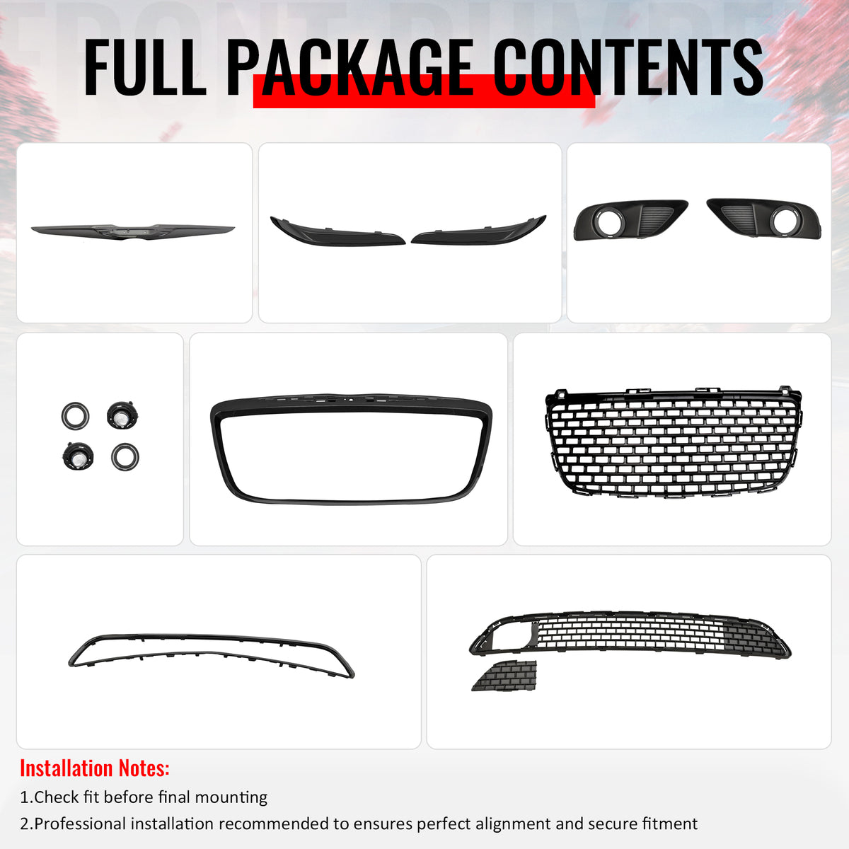 Fits 11-14 Chrysler 300 SRT8 Gloss Black Front Upper Lower Grille w/ Fog Lights