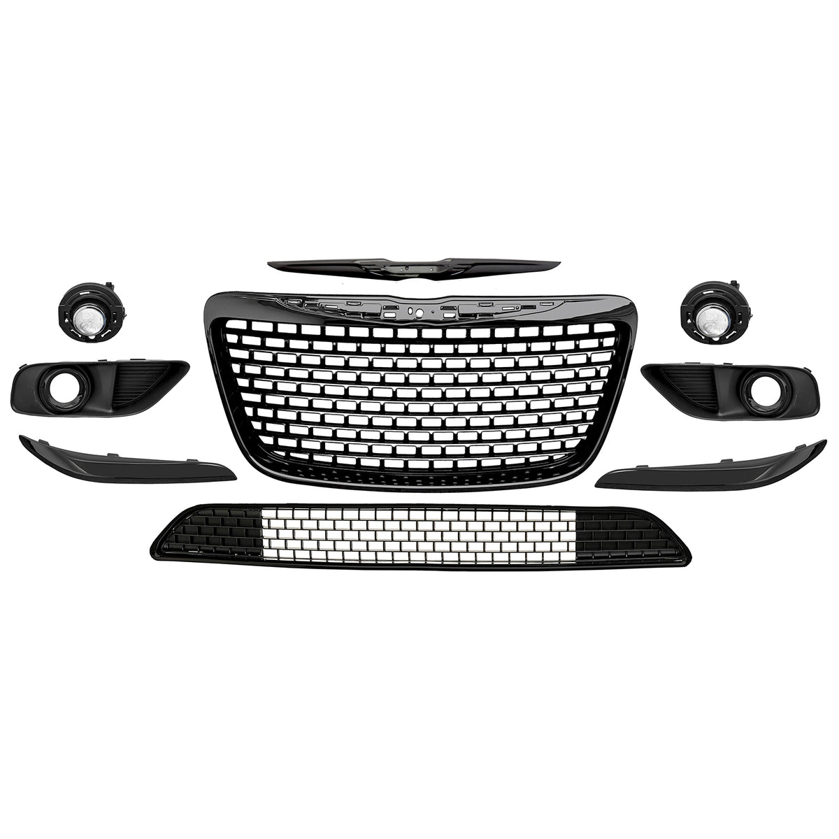 Fits 11-14 Chrysler 300 SRT8 Gloss Black Front Upper Lower Grille w/ Fog Lights