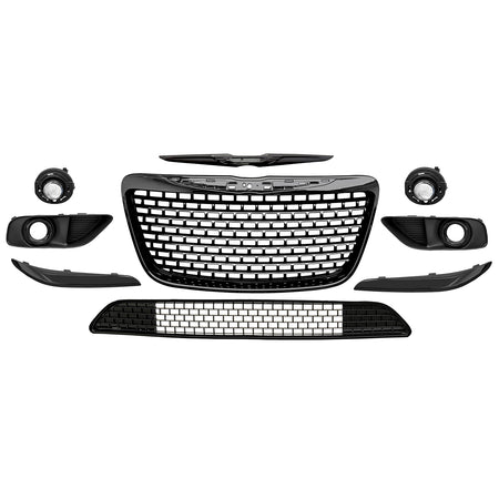 Fits 11-14 Chrysler 300 SRT8 Gloss Black Front Upper Lower Grille w/ Fog Lights