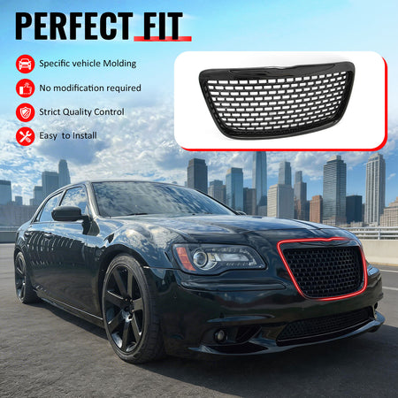 Fits 11-14 Chrysler 300 SRT8 Gloss Black Front Upper Lower Grille w/ Fog Lights