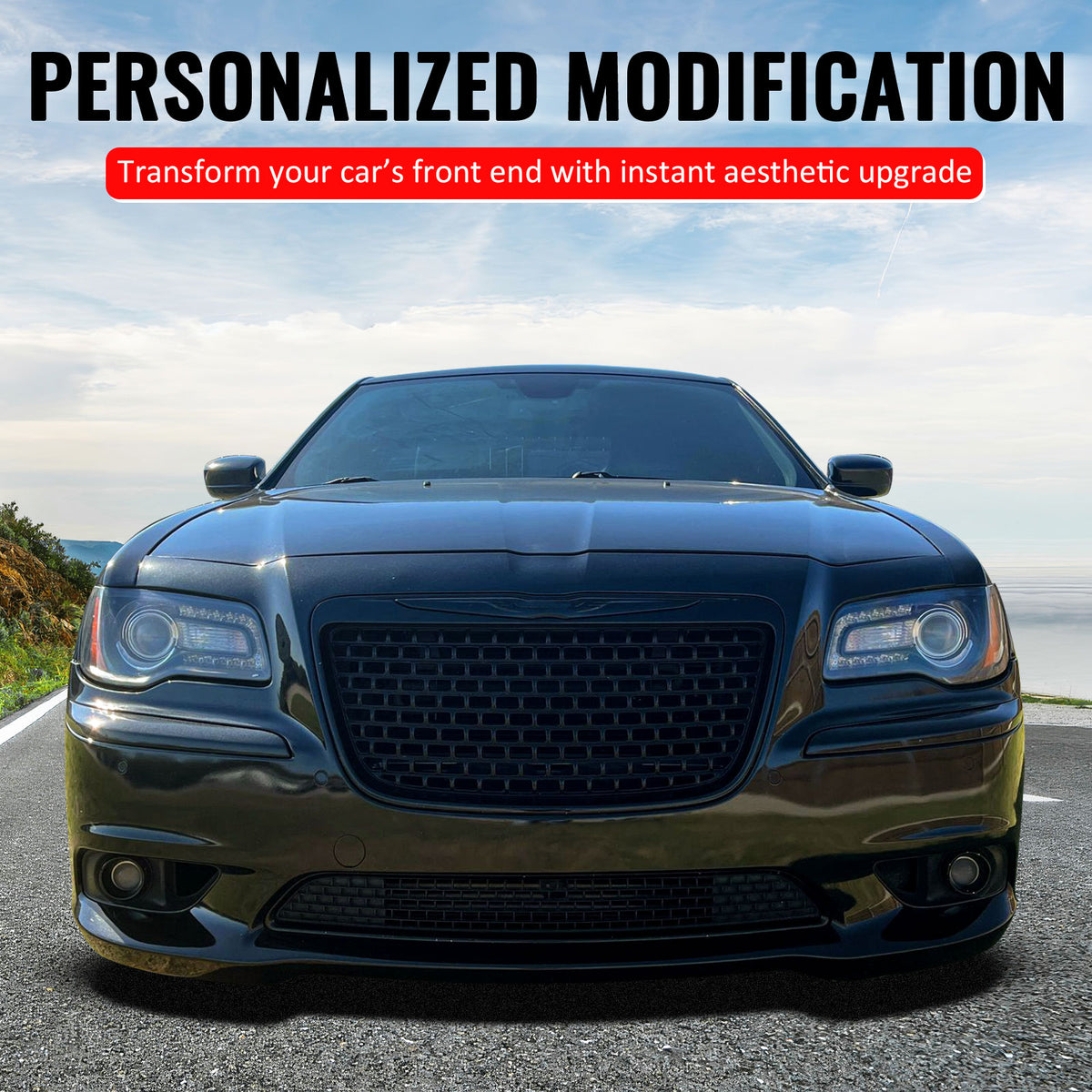 Fits 11-14 Chrysler 300 SRT8 Gloss Black Front Upper Lower Grille w/ Fog Lights
