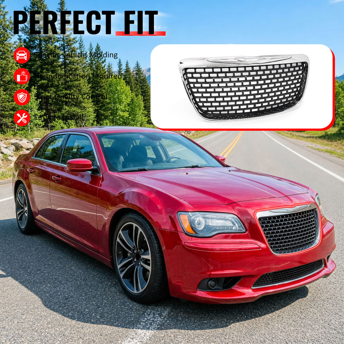 IKON MOTORSPORTS Front Upper Grille, Compatible with 2011-2014 Chrysler 300, SRT8 Style Chrome& Gloss Black ABS Replacement Front Bumper Hood Grill